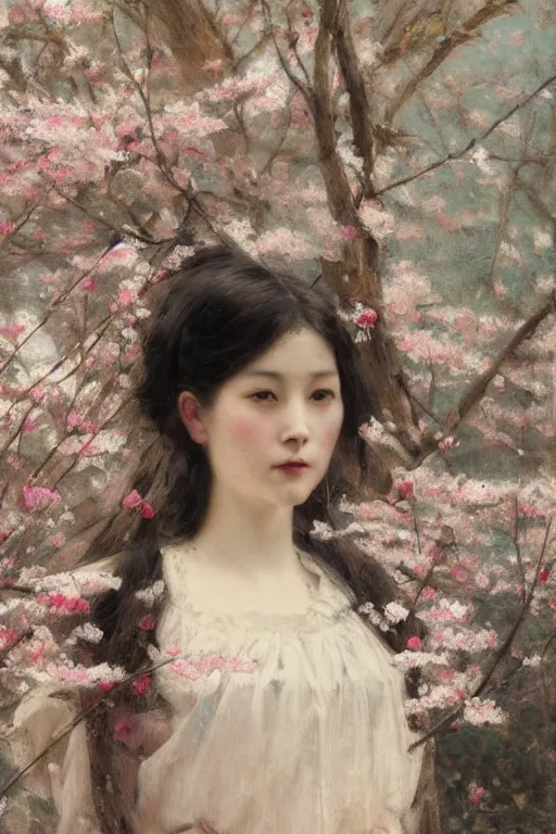 Prompt: Solomon Joseph Solomon and Richard Schmid and Jeremy Lipking victorian genre painting full length portrait painting of a young beautiful woman from japan with cherry blossoms and cherry trees