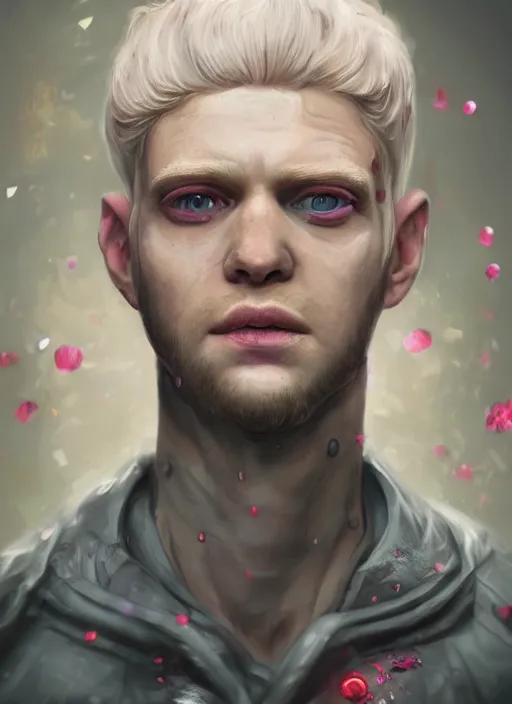 Prompt: An epic fantastic realism comic book style portrait painting of Lucius the most beautiful pale blond man in the universe, flowers rain everywhere, fisheye lens, Apex Legends Concept Art, porcelain, unreal 5, DAZ, hyperrealistic, octane render, cosplay, RPG portrait, dynamic lighting