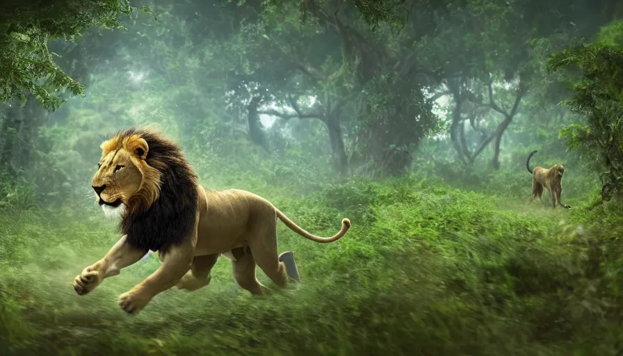 Image similar to a cinematic of a lion running through a jungle, motion blur, cool, stunning, award winning, detailed, fantasy artwork, 8 k, raytracing, dynamic lighting