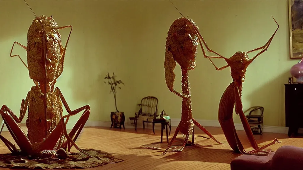 Image similar to the giant praying mantis head in the living room made of wax and water, film still from the movie directed by Wes Anderson with art direction by Salvador Dalí, wide lens