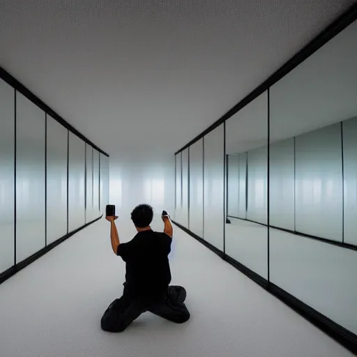 Image similar to a man taking a selfie in a large minimalistic concrete room. room contains upholstered sofas fluorescent ceiling lighting and a rectangular water feature in the center, a tilt shift photo by leandro erlich, featured on cg society, kitsch movement, hall of mirrors, high dynamic range, studio portrait