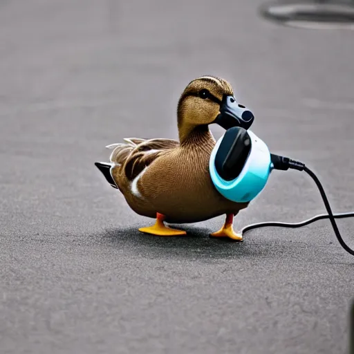 Prompt: photo of a duck wearing headphones