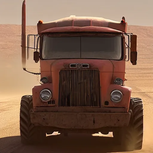 Image similar to t 6 6 0 tractor trailer truck in mad max : fury road, midday light, dust storm,