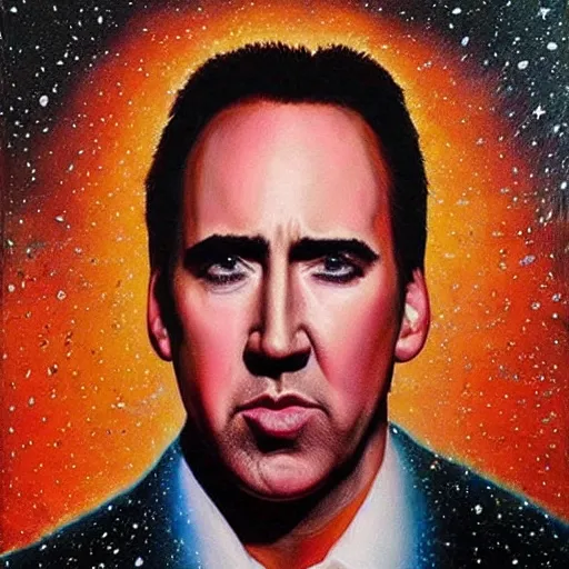 Image similar to nicholas cage amazed expression, cosmic starfield background oil painting masterwork trending on artstation