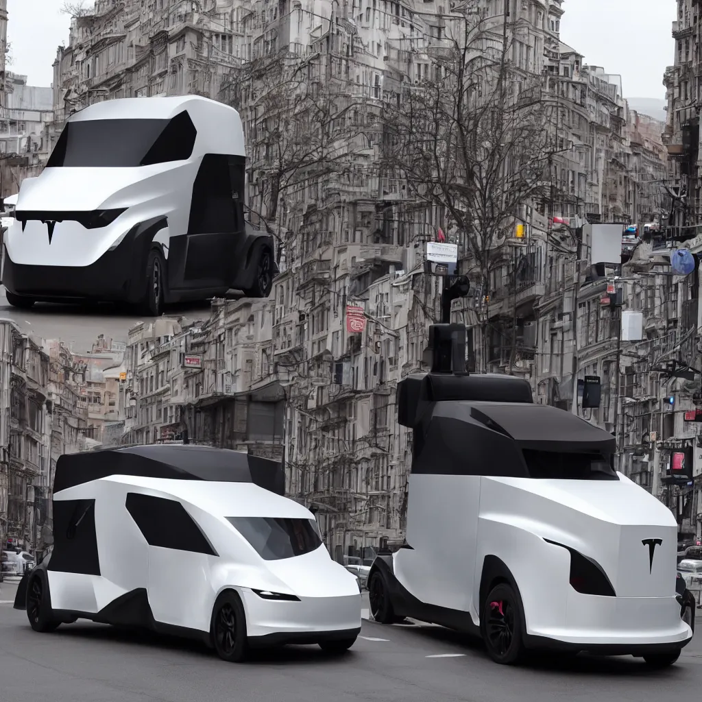 Image similar to tesla cybertruck on a street,