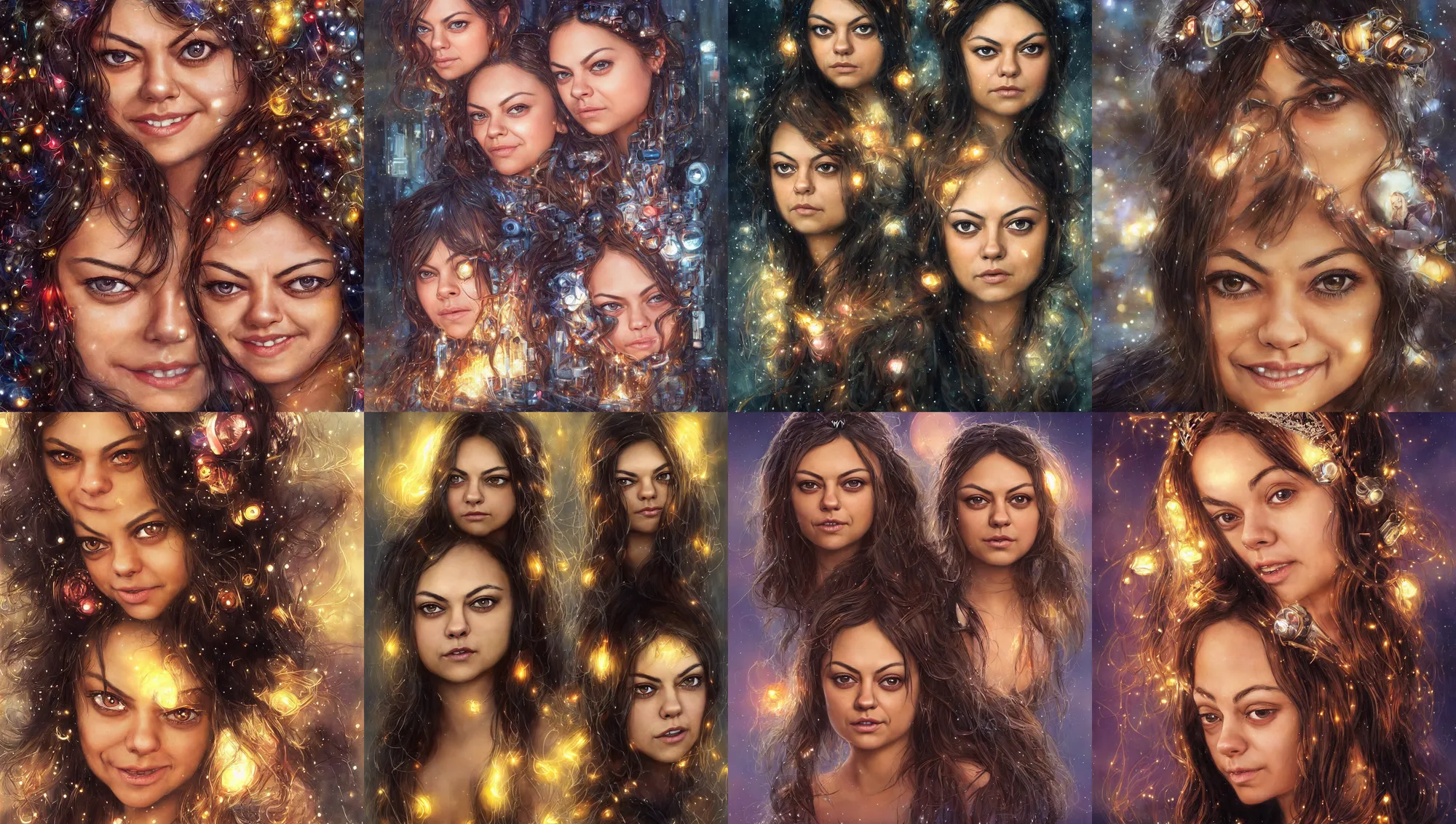 Prompt: big - eyed mila kunis winter princess smiling intensely into the camera, sundown golden hour firefly wisps, cyberpunk neon, hair clips, focal length : 2 0 0. 0 mm, steve hanks, charlie bowater, mark brooks, steve henderson, justin gerard, mark keathley, victor nizovtsev, tom bagshaw, krenz cushart, ross tran