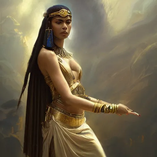 Image similar to a dramatic epic ethereal portrait of Cleopatra, full body with dynamic pose, female, detailed face, cinematic lighting, highly detailed oil on canvas painting by Greg Rutkowski, winning-award digital art trending on Artstation H 1024 W 832