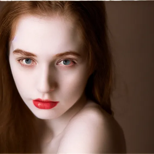 Image similar to Portrait of a beautiful young pale woman, photoshoot, 30mm, Taken with a Pentax1000, studio lighting, 4K