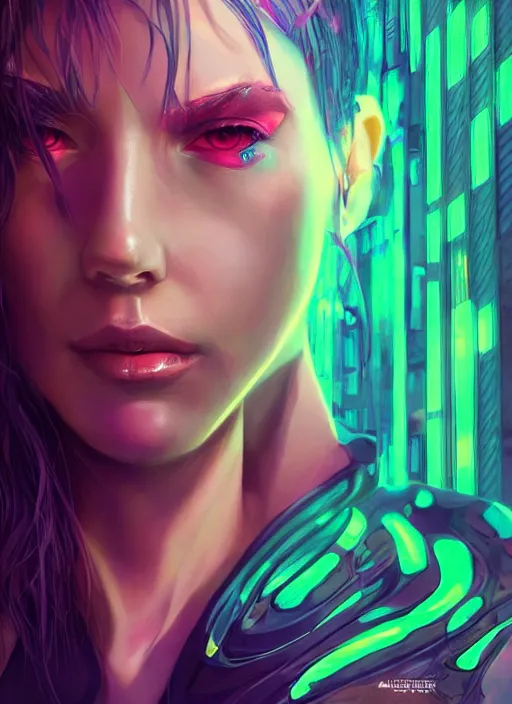 Image similar to portrait of cyberpunk woman surrounded by fluorescent and slimy scales, illutration by Artgerm, highly detailed, trending on artstation
