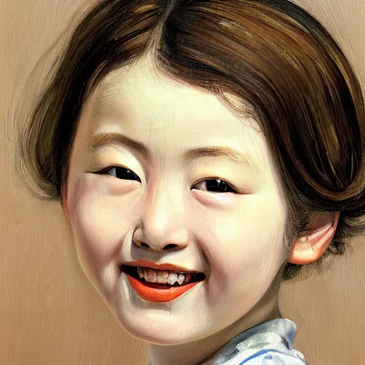 Image similar to high quality high detail painting by lucian freud, hd, smiling cute japanese girl portrait, photorealistic lighting