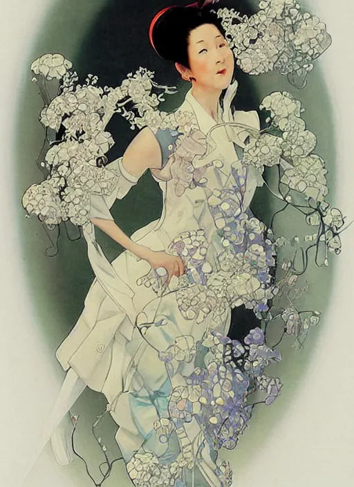 Prompt: a copic maker art nouveau portrait of a japanese girl detailed features wearing a futuristic weeding puffy dress designed by balenciaga by john berkey, norman rockwell akihiko yoshida