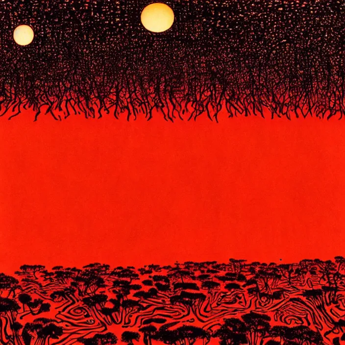 Image similar to alien planet landscape with forests on fire. 1 gigantic red hot sun. jeffrey smith, stanley donwood