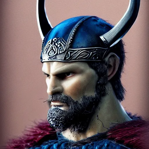 Image similar to of a viking from valhalla, wearing the horned helmet ultra fine detail, hair strands, ultra high resolution, fine texture detail, miniature painting techniques, perfect proportions, marvel cinematic universe, eric bana