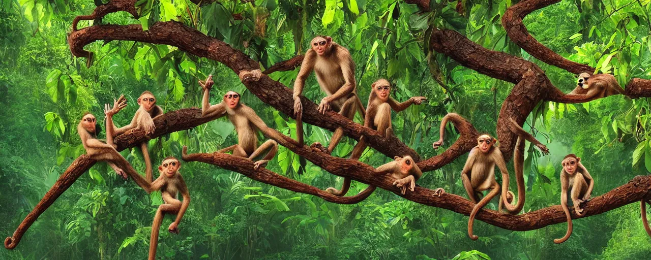 Image similar to a family of monkeys swing through the trees in a beautiful jungle landscape bordered by vines, flowers, tropical birds, snake, river with stunning water, weta pixar high fantasy many detailed features photorealism