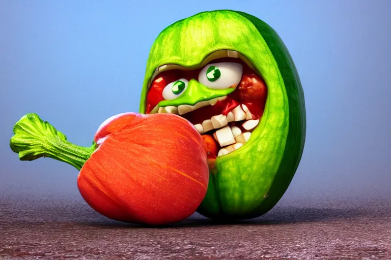 Prompt: detailed 3 d render of a mad zucchini with a bloody sword in his hand, running down a winded road chasing after a group of scared tomatoes, hyper realistic octane render, dramatic lighting, high speed chase, wide angle, nightmare, surrealism, pixar, disney, cartoon