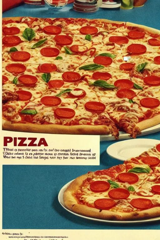 Prompt: pizza advert, from the 7 0 s, print on magazine