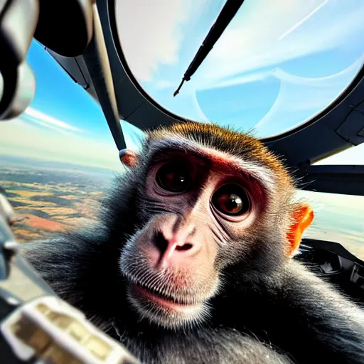 Prompt: selfie of a monkey in the cockpit of a fighter jet, 4k, photorealistic