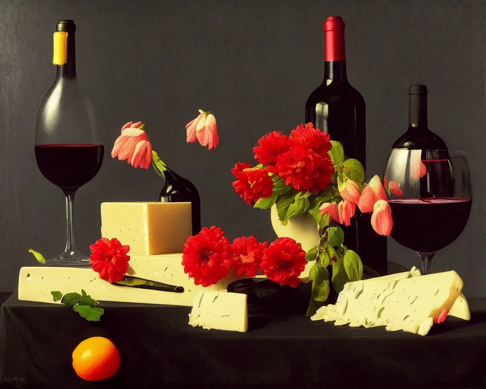 Prompt: an achingly beautiful still life featuring blooming flowers, tillamook cheese, and red wine on a table with a black background by Raphael, Hopper, and Rene Magritte. detailed, romantic, enchanting, trending on artstation.