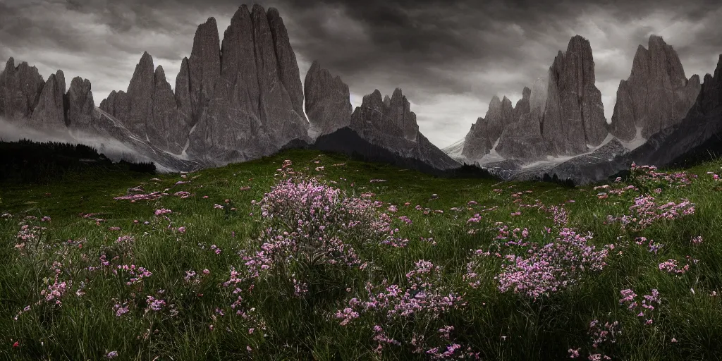 Image similar to old famer being overgrown by edelweiss, dolomites in background, dark, eerie, despair, portrait photography, artstation, digital art, adward winning, concept art, artstation, highly detailed, sharp focus, by caravaggio