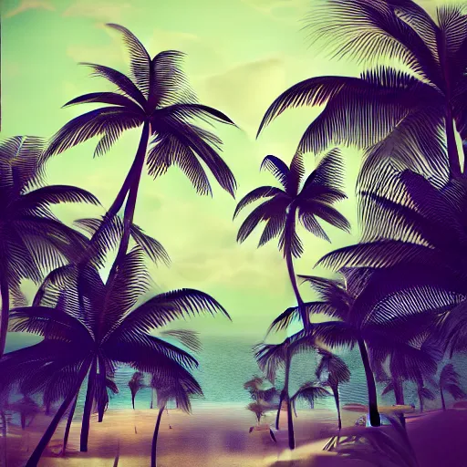 Prompt: palm trees on the beach, green and pink light, octane render, trending on artstation, artstationHD, artstationHQ, unreal engine, 4k, 8k