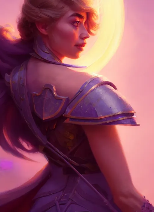 Image similar to side portrait, imogen poots, paladin!, fantasy, gloomhaven, luminescent, organic painting, gaudy colors, octane render, unreal engine, by greg manchess, huang guangjian, gil elvgren, sachin teng, greg rutkowski, jesper ejsing, ilya kuvshinov