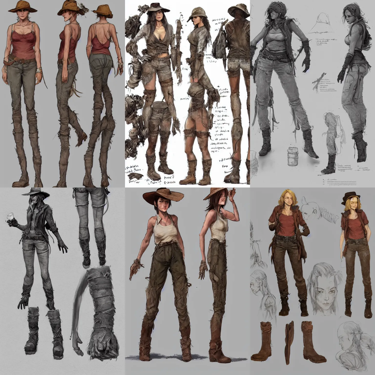 Prompt: character design, reference sheet, 40's adventurer, female, optimistic, stained dirty clothing, straw hat, heavy boots, tank top, detailed, concept art, photorealistic, hyperdetailed, art by Frank Frazetta