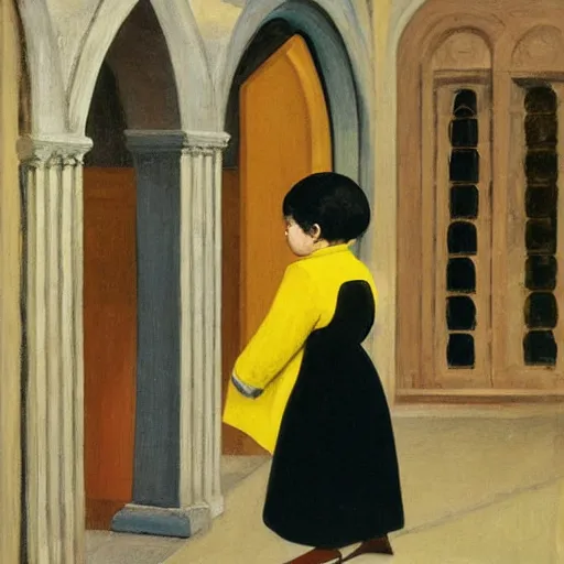 Image similar to a painting of a little girl with short black hair and wearing a yellow coat alone in the inner courtyard of an abbey by hopper and de chirico