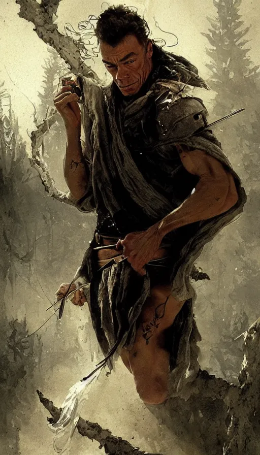 Image similar to young jean claude van damme, sorcerer, lord of the rings, tattoo, decorated ornaments by carl spitzweg, ismail inceoglu, vdragan bibin, hans thoma, greg rutkowski, alexandros pyromallis, perfect face, fine details, realistic shaded
