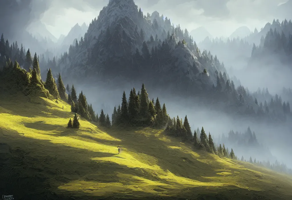 Image similar to mountain landscape without people, high trees, top of the hill, above low layered clouds, deep focus, fantasy, intricate, elegant, highly detailed, digital painting, artstation, concept art, matte, sharp focus, illustration, hearthstone, art by rhads and artgerm and greg rutkowski and alphonse mucha. gediminas pranckevicius