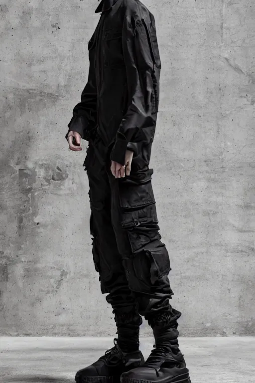 Image similar to Hypermaximalist avant garde cargo pants, black with chrome accents, product photography, Rick Owens, Yohji Yamamoto, Y3,