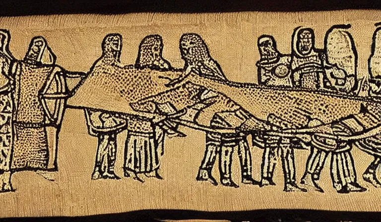 Image similar to Flying saucer on the bayeux tapestry, medieval style