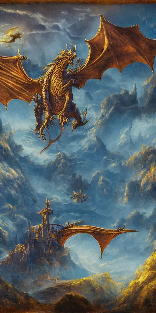 Prompt: an enchanted landscape, a medieval castle in the center, a dragon flying in the sky, dramatic light