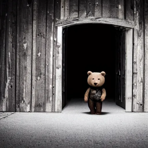 Image similar to dark photograph of a small bear mascot walking through a large wooden doorway