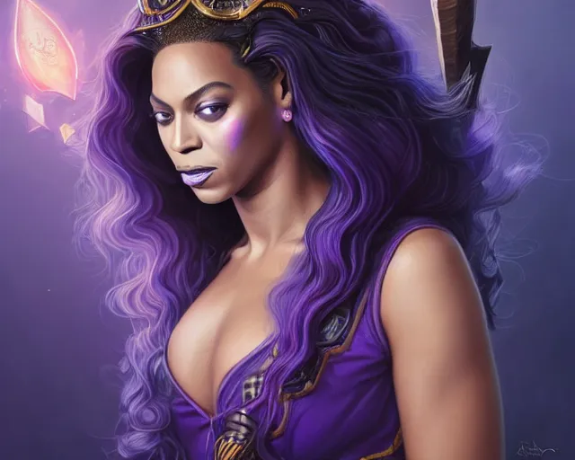 Prompt: beyonce as a wizard, purple streaks in hair, bat hovering on her shoulder, blue clothing, deep focus, d & d, fantasy, intricate, elegant, highly detailed, digital painting, artstation, concept art, matte, sharp, illustration, hearthstone, art by artgerm and greg rutkowski and alphonse mucha