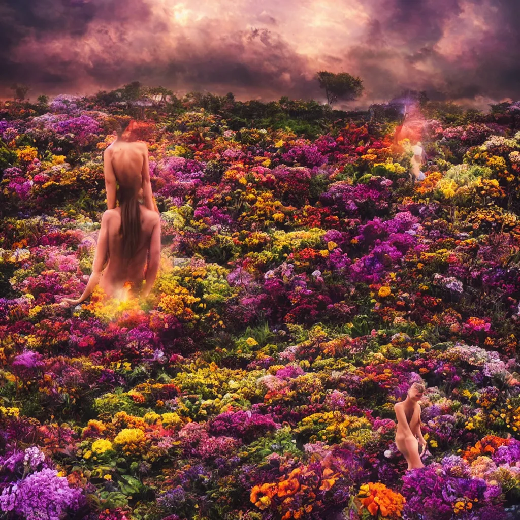 Image similar to a planet of various flowers, fungus and plants, in which the human figure is dressed in something magical and impressive, inside the picture is infinity, sunset light, Atmospheric phenomenon, artistic photography, muted colors, conceptual, long exposure outside the city