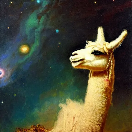 Prompt: detailed space portrait of a llama with dreadlocks, realistic creature concept, heroic pose, glowing starts in background, Ilya Repin oil painting