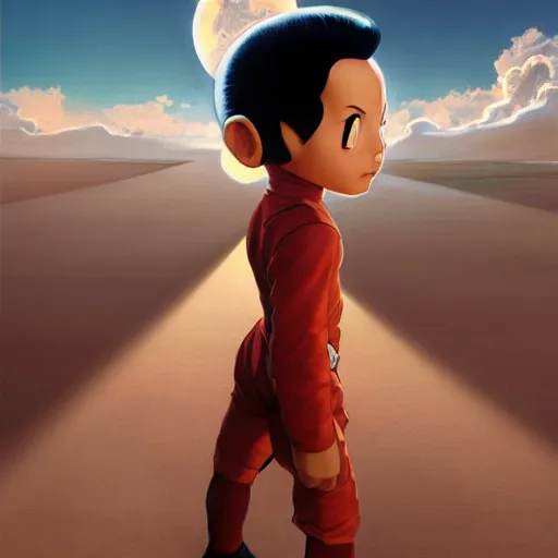 Prompt: wide-angle portrait of Astroboy, full body pose, zenith angle, shadowy area, dramatic lighting, concept art, digital painting, Unreal Engine 5, 8K, art by artgerm and Greg Rutkowski and Alphonse Mucha