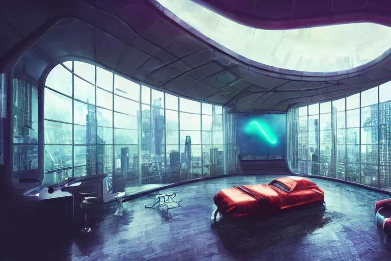 Image similar to a futuristic bedroom with large curved ceiling high windows looking out to a far future cyberpunk cityscape, cyberpunk neon lights, raining, scifi