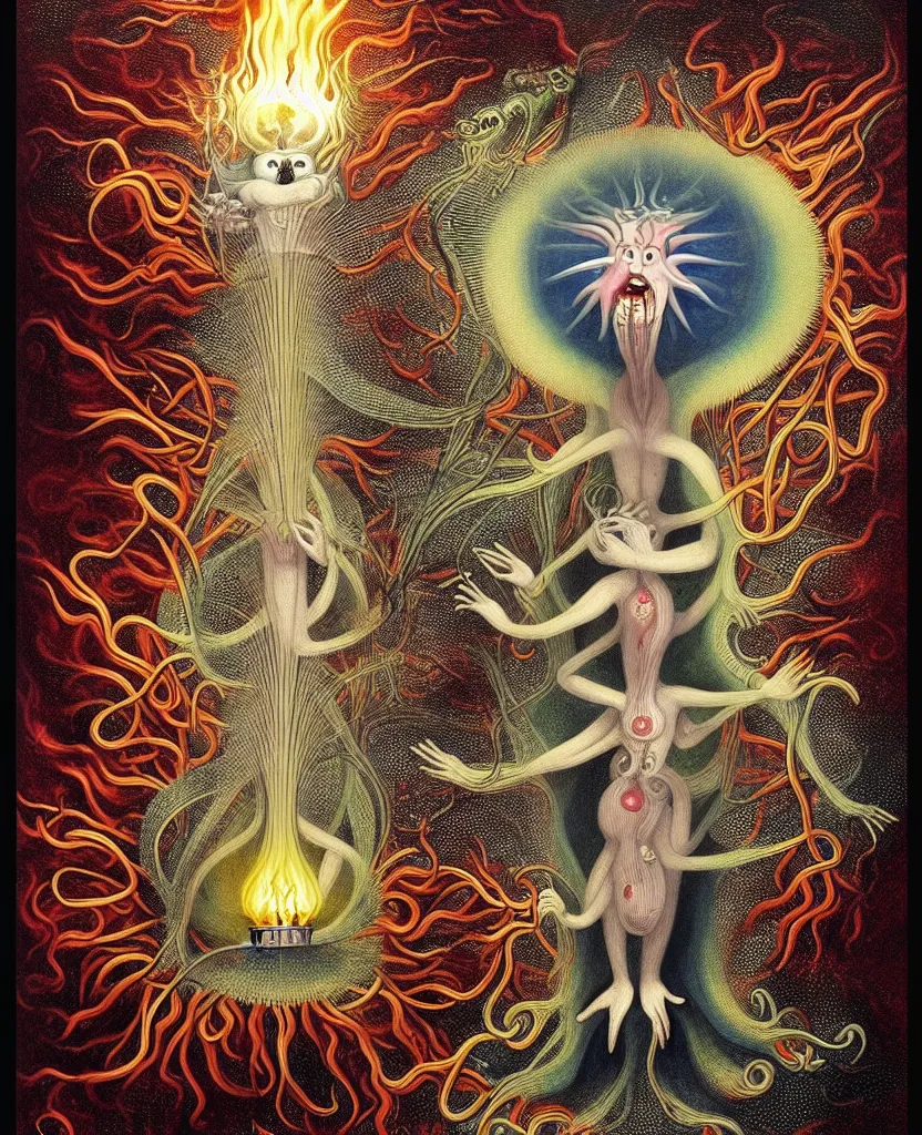 Image similar to whimsical freaky creature sings a unique canto about'as above so below'being ignited by the spirit of haeckel and robert fludd, breakthrough is iminent, glory be to the magic within, painted by ronny khalil