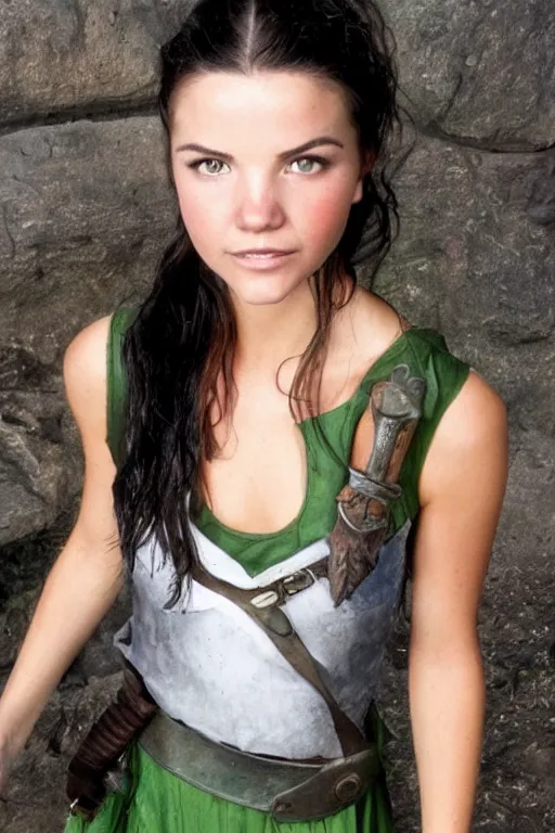 Prompt: fantasy character photo. facial expression of manic obsessive love. danielle campbell. black hair in ponytail. bright blue eyes. tall, lanky, athletic, wiry, slightly muscular. sleeveless light green dress. gleefully telling a bs story full of lies