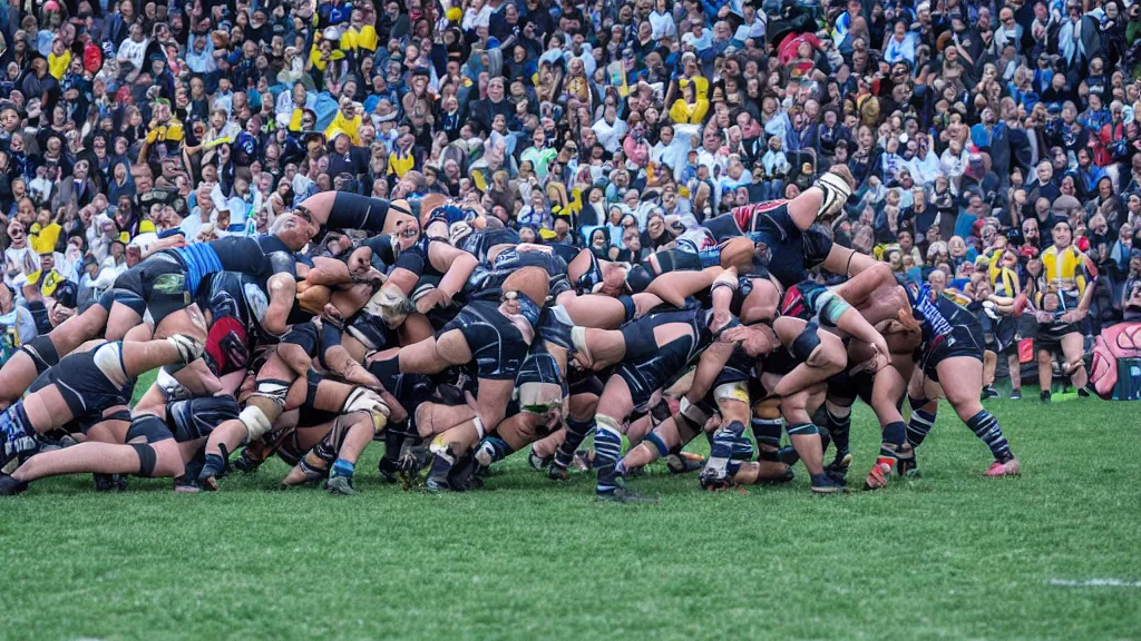 Prompt: athletes playing rugby in a giant spaceship.