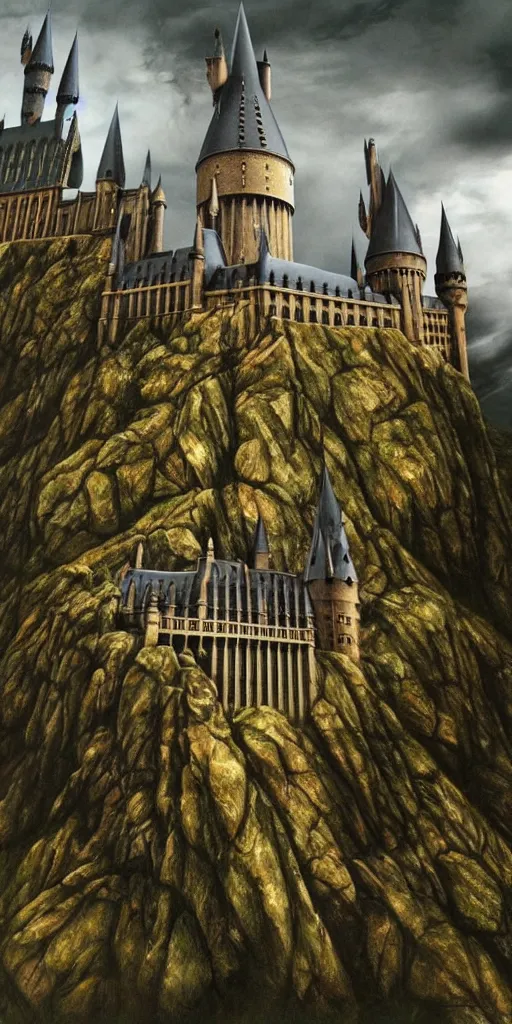 Image similar to Hogwarts in the middle of a dark airy land in the Harry Poter world, hyper realistic, landscape, nature