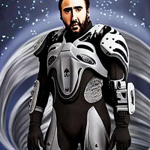 Prompt: Nicolas Cage wearing Powered Combat Suit in Starcraft, promo shoot, studio lighting