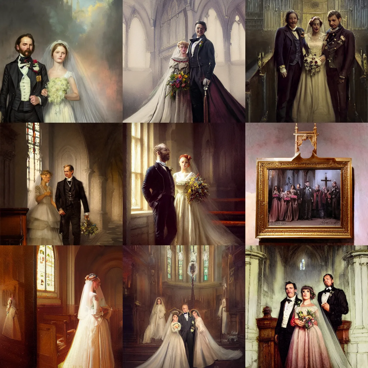 Prompt: * * * closeup * * *, a 1 9 th century, * * groom * * and * * bride * * ( in the church ), portrait by greg rutkowski, j. dickenson, marc simonetti, szekely bertalan. atmospheric, * colour splash *, [ [ hyperrealistic ] ], detailed, backlit.