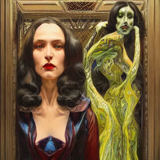 Image similar to realistic detailed modern art deco painting of weird mysterious portraits from layers of fear in the style of donato giancola sharp focus