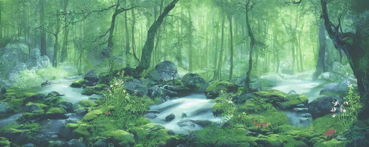 Image similar to deep forest, small rainbow river waterfall, light shimmering, water mists, big medium and small stones, wild flowers, subtle color variantions, summer rain, gentle mists, a white robed benevolent magician clothed in a royal garment in contemplation and meditation casts a benevolent white magic spell, by Eyvind Earle and Mary Blair