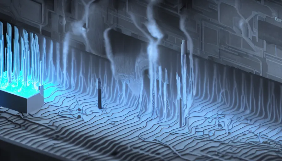 Prompt: liquid nitrogen with darkwater-cooling coolant flowing through latent representations of dark graphite caverns undergoing centrifugal forces, illuminated by computer circuitry sticking out the walls, high detail, high contrast, 90s low-poly render, 4k upscaling