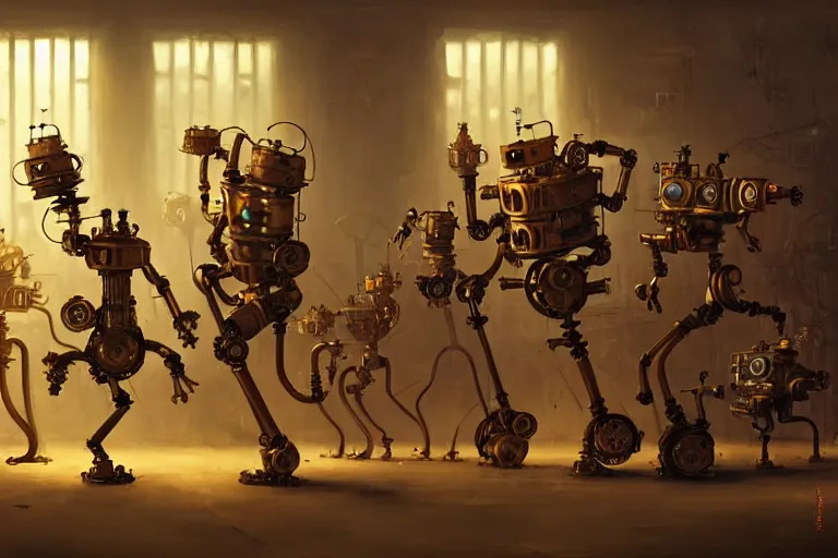 Image similar to steampunk robots dancing by otto dix and greg rutkowski and andreas rocha, cinematic lighting, highly detailed, warm colours, 4 k