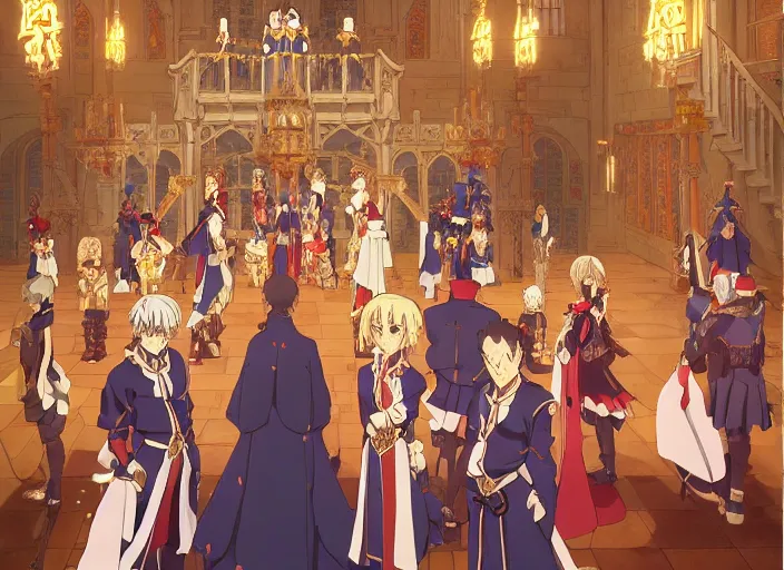 Image similar to key anime visual portrait of a castle's main hall interior with throne, servants, nobles, dynamic pose, dynamic perspective and angle, cinematic, film grain, designed by yoh yoshinari, detailed, intricate, at night, dramatic lighting, costumes by mika pikazo