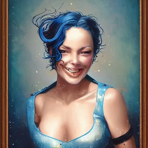 Image similar to a beautiful painting of a smiling woman with stylish short blue hair and sparkling blue eyes in a rustic saloon representative of the art style of artgerm and wlop and peter mohrbacher